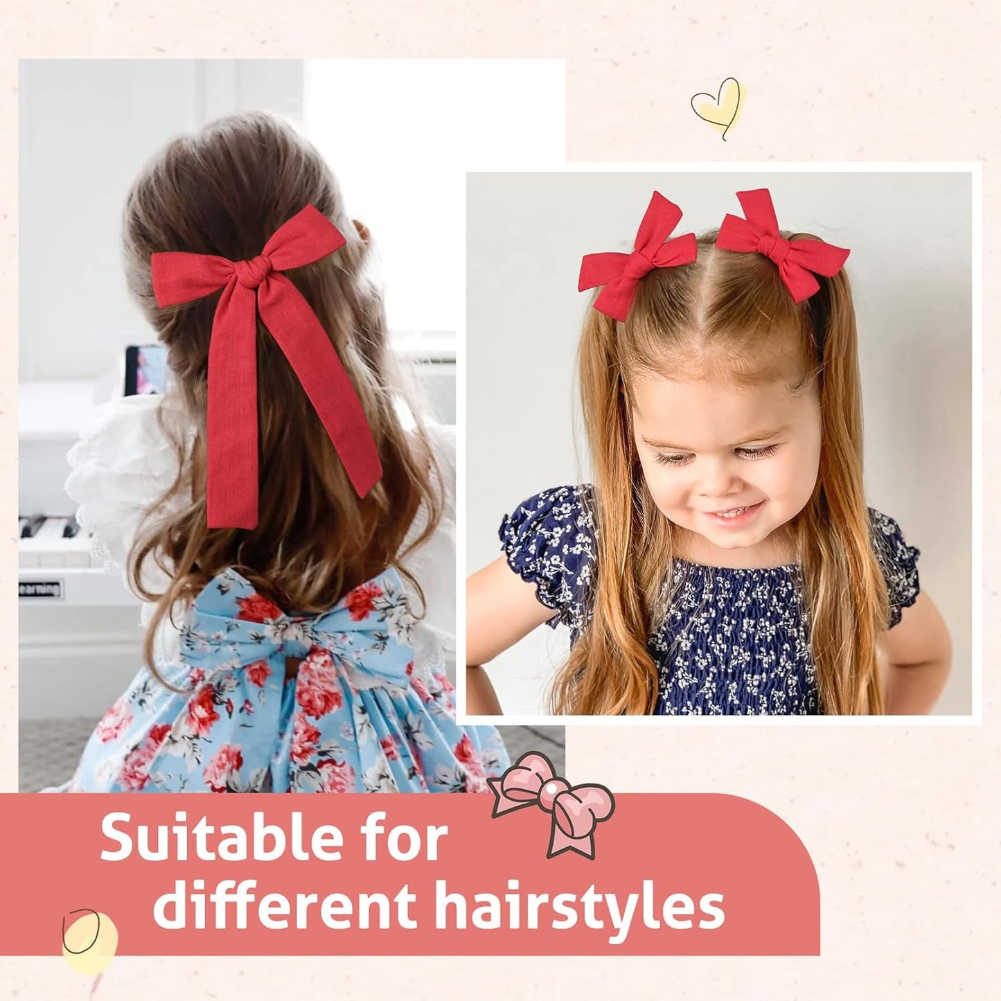 DEEKA Cotton Linen Hair Accessories Set: Red Hair Bows & Ponytail Knot Bows in 2 Sizes, Alligator Clips for Toddlers & Little School Girls