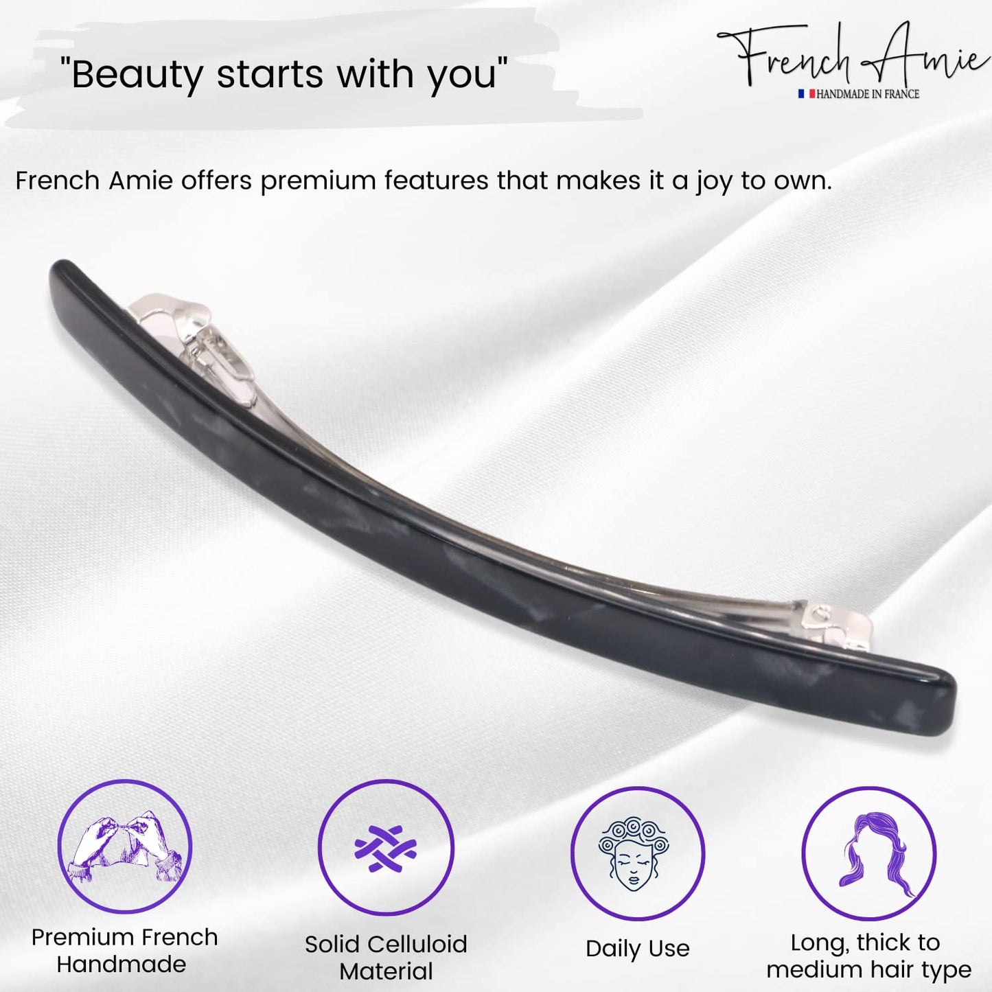 French Amie Long and Thin Large 4" Celluloid Handmade No Slip Durable Hair Barrette Clip for Women, Made in France (Black Nycra)