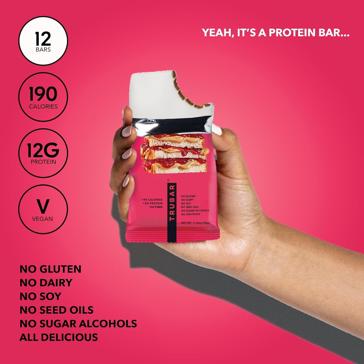 TRUBAR Vegan Protein Bar, Get In My Belly Pb & Jelly, Gluten Free, Plant Based, High Fiber, Dairy Free, Low Fat, Non GMO, No Sugar Alcohols, 12G Lean Protein, 13G Fiber, Healthy Snack Bars, 12 CT