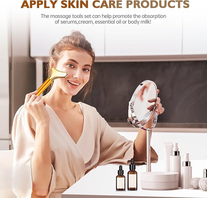 Amirce 2-in-1 Gua Sha and Ice Roller Facial Tools, Electric Face Massager Device for Eye, Jaw, Scalp, Neck, Gold