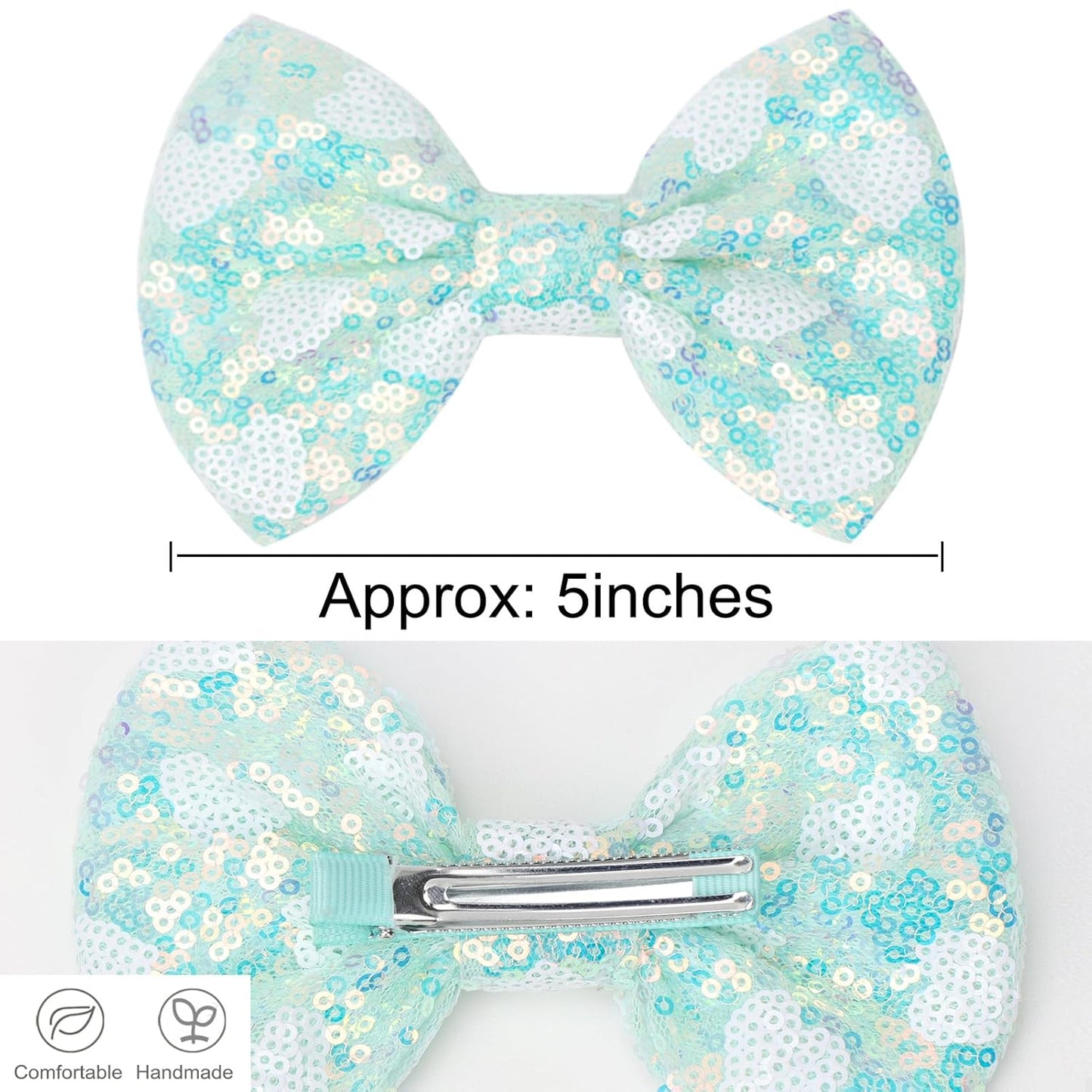 Large Big Sparkling 5 Inch Glitter Heart Hair Bows Clips Sequin Bow Alligator Clips Hair Accessories for Girls, Teens, Toddlers（Light Green）