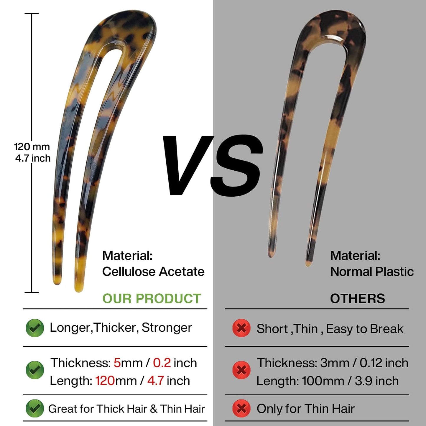 French Hair Forks Tortoise Shell U Shape Updo Hair Pins Clips for Thin Thick Hair, 4.3 inch Classic Cellulose Acetate 2 Prong Bun Hair Sticks Chignon Women Vintage Hairstyle Accessories, 3 Pack