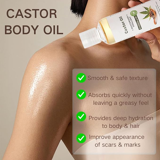 Castor Oil Massage Oil - Body Oil After Shower - Essential Oils for Skin & Hair Care -Soothe,Nourish,Smooth -Instant Absorption & Non-Greasy for All Skin Types