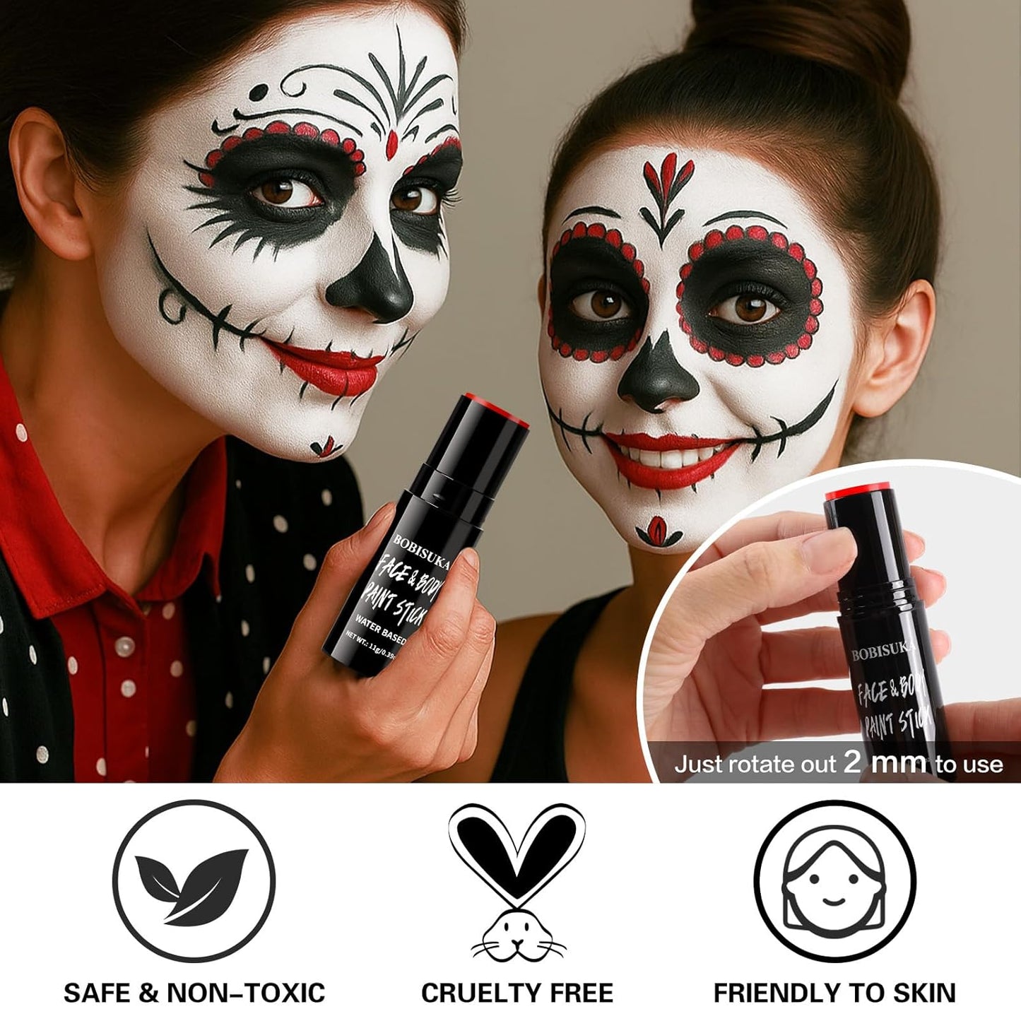BOBISUKA Red Face & Body Paint Stick Water-Based Washable Face Paint Makeup Stick for Halloween Skeleton, Skull, Devil, Goth, Clown, Joker Cosplay, SFX, Sports Eye Black & Costume Party