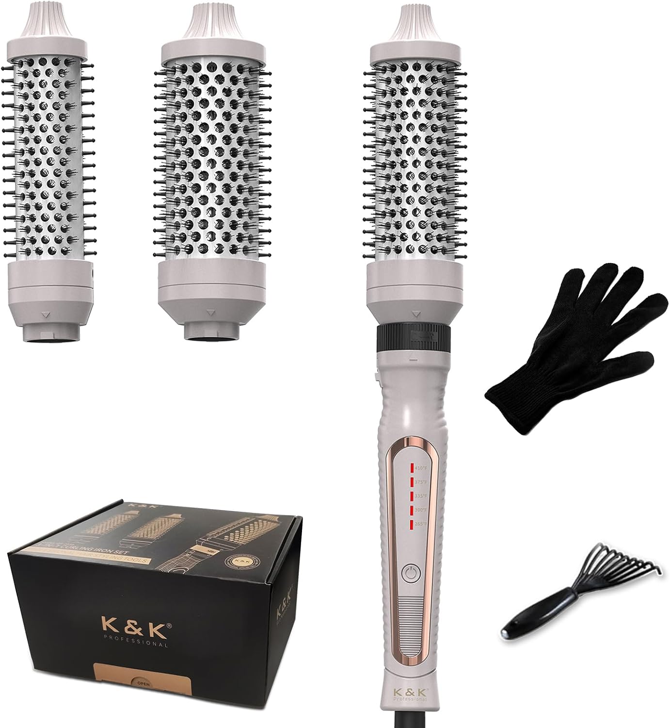 K&K 3 in 1 Ionic Heated Round Curling Brush Set, Ceramic Thermal Hair Styling Tool with Temperature Control for Volume and Smoothing (Silver)