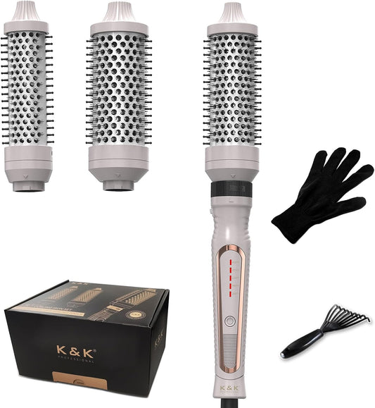 K&K 3 in 1 Ionic Heated Round Curling Brush Set, Ceramic Thermal Hair Styling Tool with Temperature Control for Volume and Smoothing (Silver)
