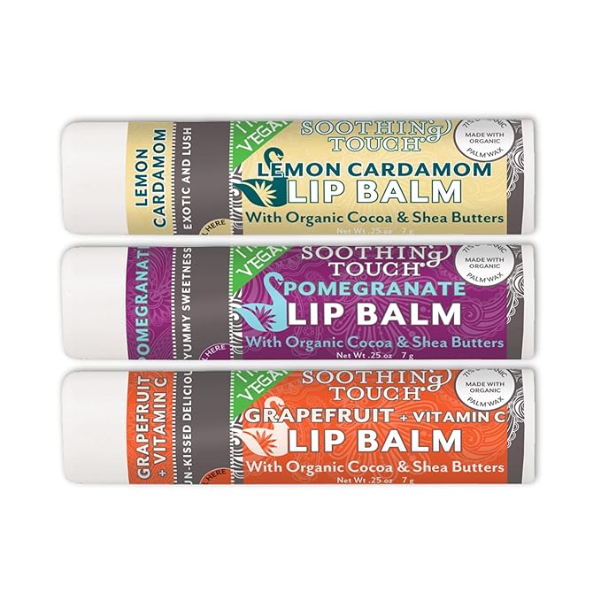 Vegan Lip Balm Set - Variety Pack of 3 Soothing Touch Lip Balms. Large 0.25 oz size. Includes Bonus Muslin Pouch (3 x 4 in). Unique Gift Bundle from Tiny Seed (Grapefruit, Pomegranate, Lemon Cardamom)