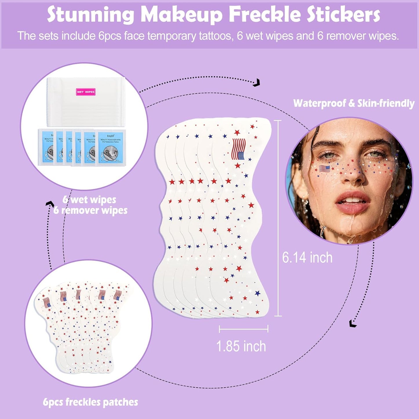 Yosca Glitter Freckles Face Tattoo, 6Pcs Metallic Silver Temporary Tattoos for Body Face Freckle Makeup, Waterproof Glitter Makeup Patches for Festival Concert Party Girl Women Rave Accessories