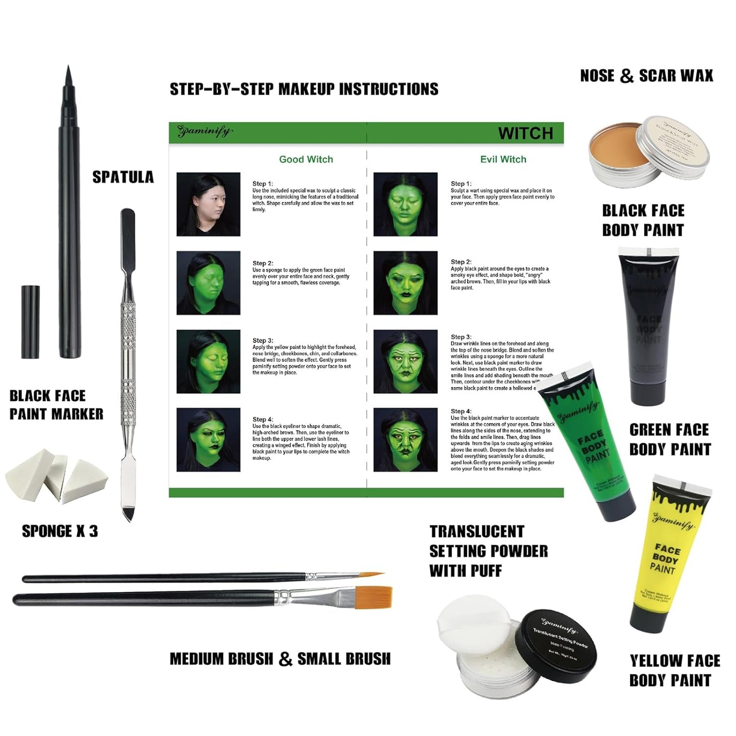 Halloween Elphaba Makeup Kit,Complete Black Green Yellow Face Body Paint with Scar Wax SFX Makeup Set,Frankenstein Green Witch Costume with Setting Powder for Stage,Cosplay, and Theater