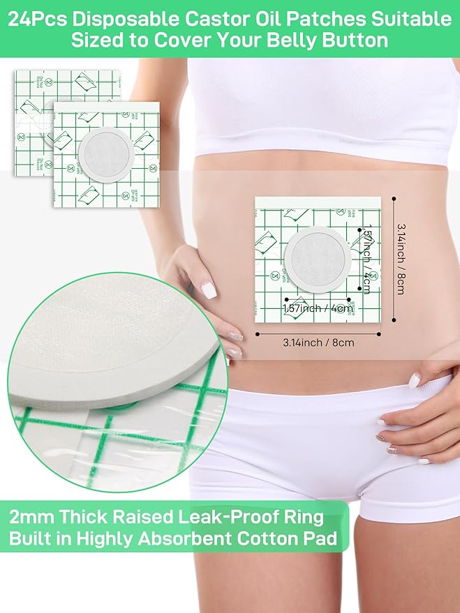 24Pcs Disposable Castor Oil Belly Button Patches PU Film, Self-Adhesive Castor Oil Pack Wraps with Organic Cotton Pad for Belly Button Cover, Water-Resistant, Anti Leakage, 3.1 x 3.1 Inch