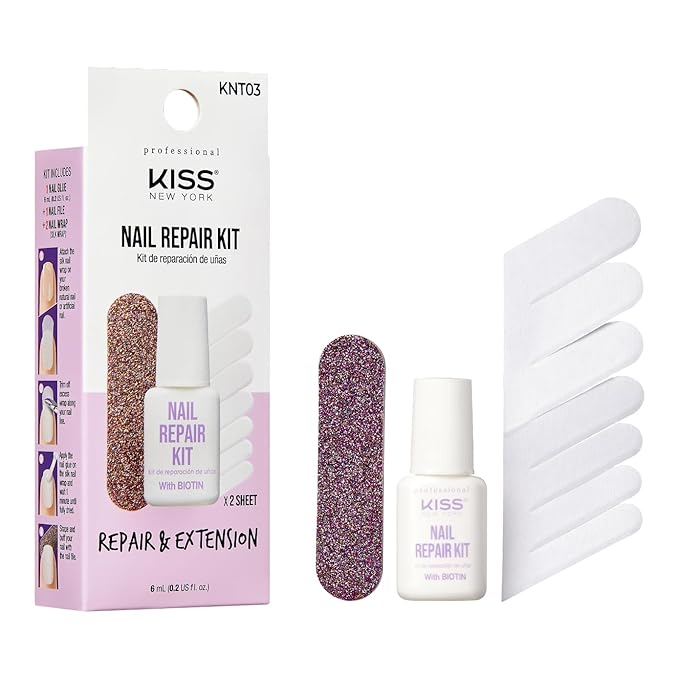 Nail Repair Kit for Damage, Broken, Cracked and Weak Nails - Biotin Infused Glue, File, and 2 Wraps - Made in Korea