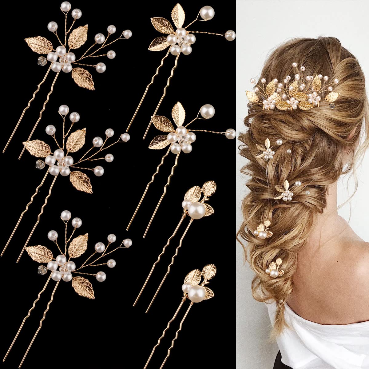 7 Pieces Gold Leaf Pearl Hair Pins with Flower Headpiece - Vintage Styling Accessories for Brides, Bridesmaids, and Girls