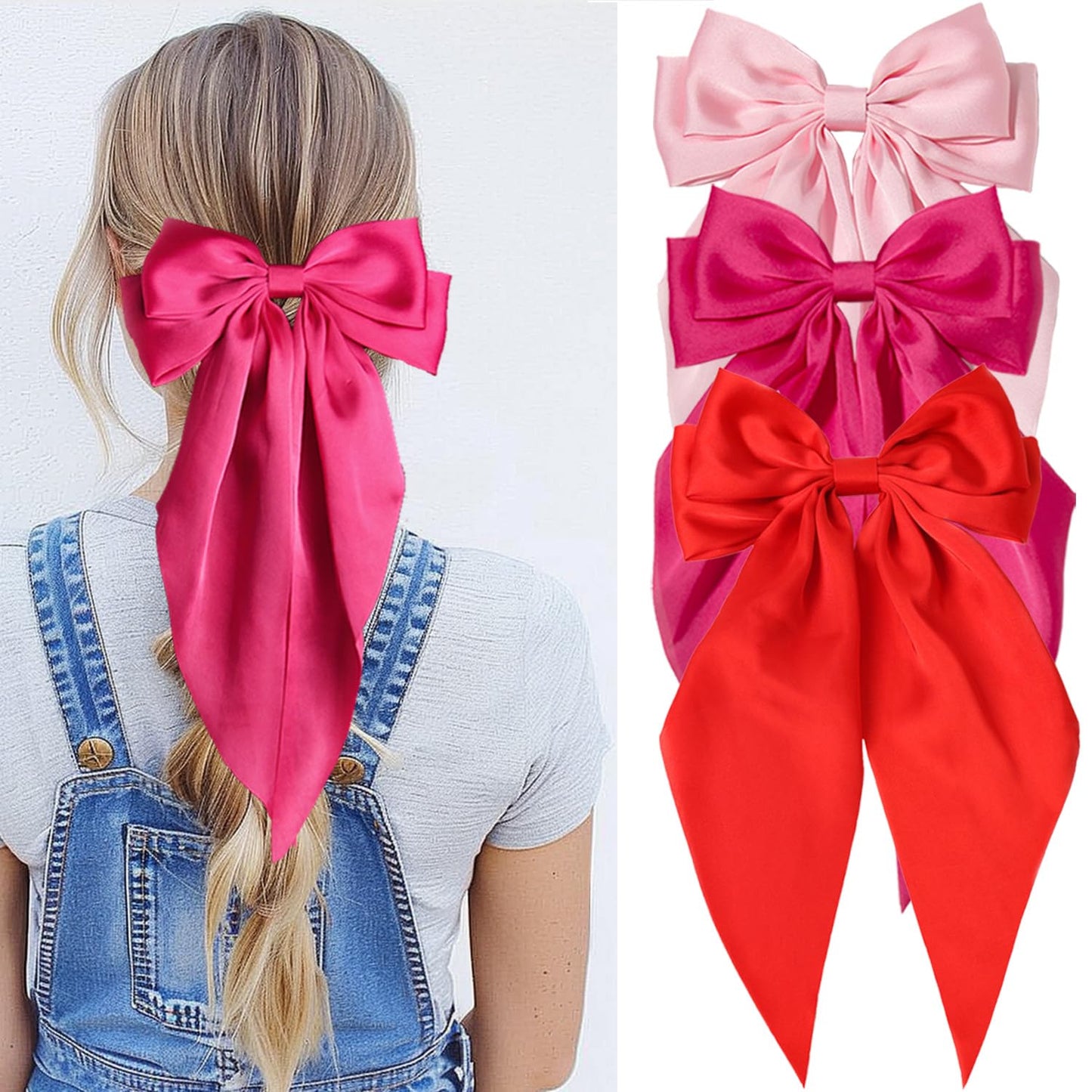 Furling Pompoms Hair Bows for Women Girls, 3pcs Big Bow Hair Clips Ribbon Hair Bow Ponytail Accessories, Holiday Party Back to School (Pink/Red/Hot Pink)