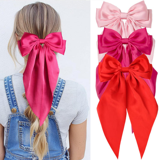 Furling Pompoms Hair Bows for Women Girls, 3pcs Big Bow Hair Clips Ribbon Hair Bow Ponytail Accessories, Holiday Party Back to School (Pink/Red/Hot Pink)