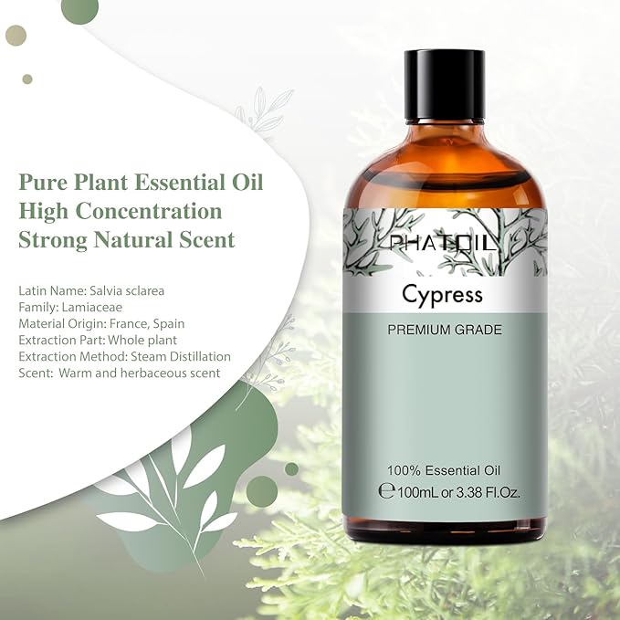Cypress 3.38fl.oz Essential Oil, PHATOIL Aromatherapy Essential Oils for Diffuser, Humidifier, Perfect for DIY Soap, Candle, Bath Bombs Making(100ml)