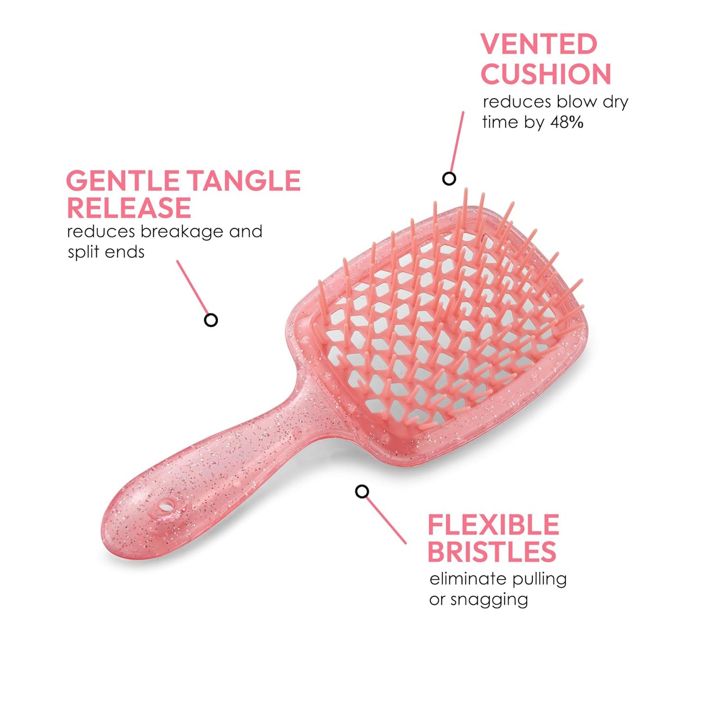 Detangling Brush for All Wet or Dry Hair Types - Pain-Free Brushing, Vented Hair Brush - Lightweight Handle with Extreme Flex to Contour to Scalp (Peach Glitter)