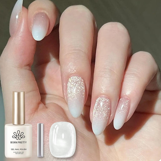BORN PRETTY Cat Magnetic Eye Gel Nail Polish, Milky White Cat Glitter Cat Magnetic Gel Nail Polish, Holographic Magnetic Nail Polish for Nail Art Manicure Salon DIY at Home 15ML