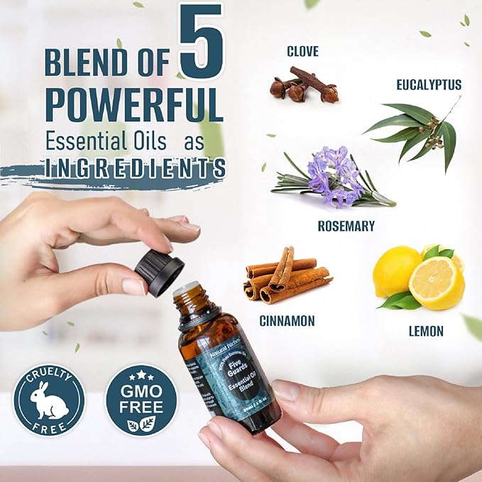 Natural Riches Five Guards Essential Oil Blend Health Shield for Aromatherapy with Clove Cinnamon Lemon Rosemary Eucalyptus Oil 2oz
