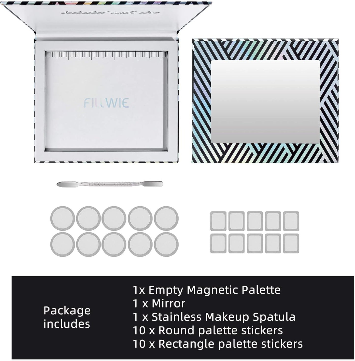 Empty Magnetic Makeup Palette with Mirror, Spatula, 20 Metal Stickers, Suitable for Eyeshadow Lipstick Blush Powder Highlighter and Contour, DIY Refillable, Holographic Stripes (Black, Medium)