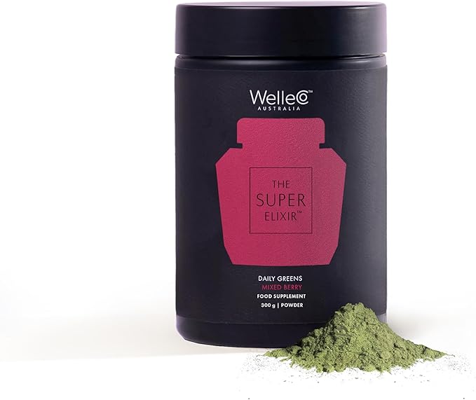 WelleCo The Super Elixir Daily Greens Powder, Probiotic Drink Mix with Whole Foods, Gluten Free, Vegan Gut Health Powder, Energy, Immunity, Healthy Skin, Hair & Nails (300g, Mixed Berry)