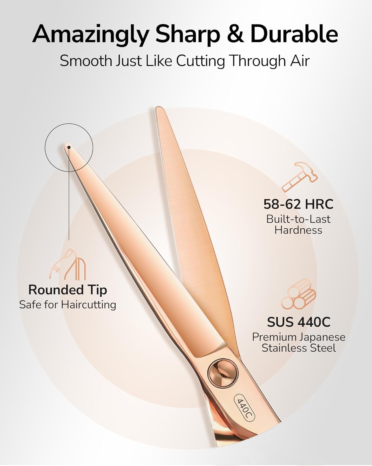 ULG Professional Hair Cutting Scissors with Luxury 18K Rose Gold Finish 6.5" Barber Scissors 440C Japanese Stainless Steel Hand-Honed Razor Sharp Blades Offset Handles Tension Adjustable, Right-Handed