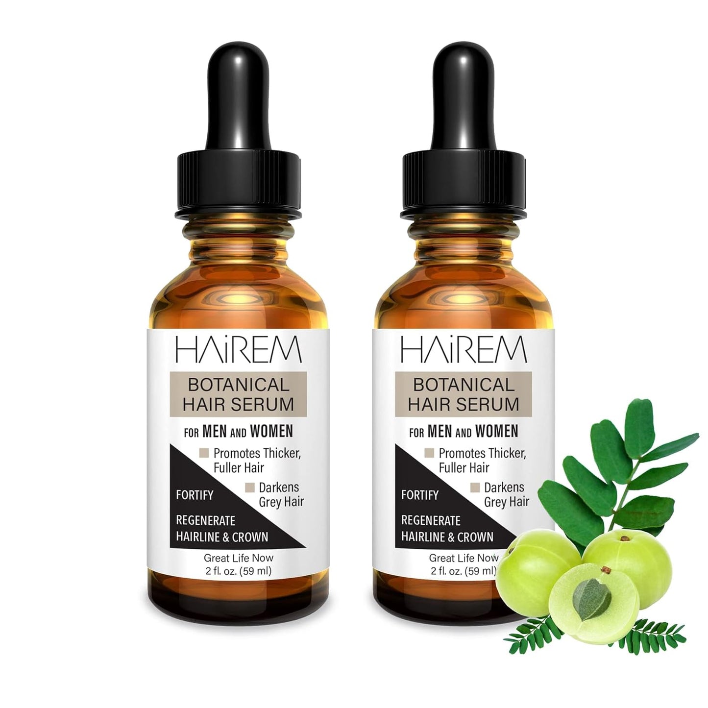HAiREM™ Botanical Hair Serum, Promotes Hair Growth, Thicker & Fuller Hair, Darkens Grey Hair, For Men & Women - 2oz (2 Bottles)