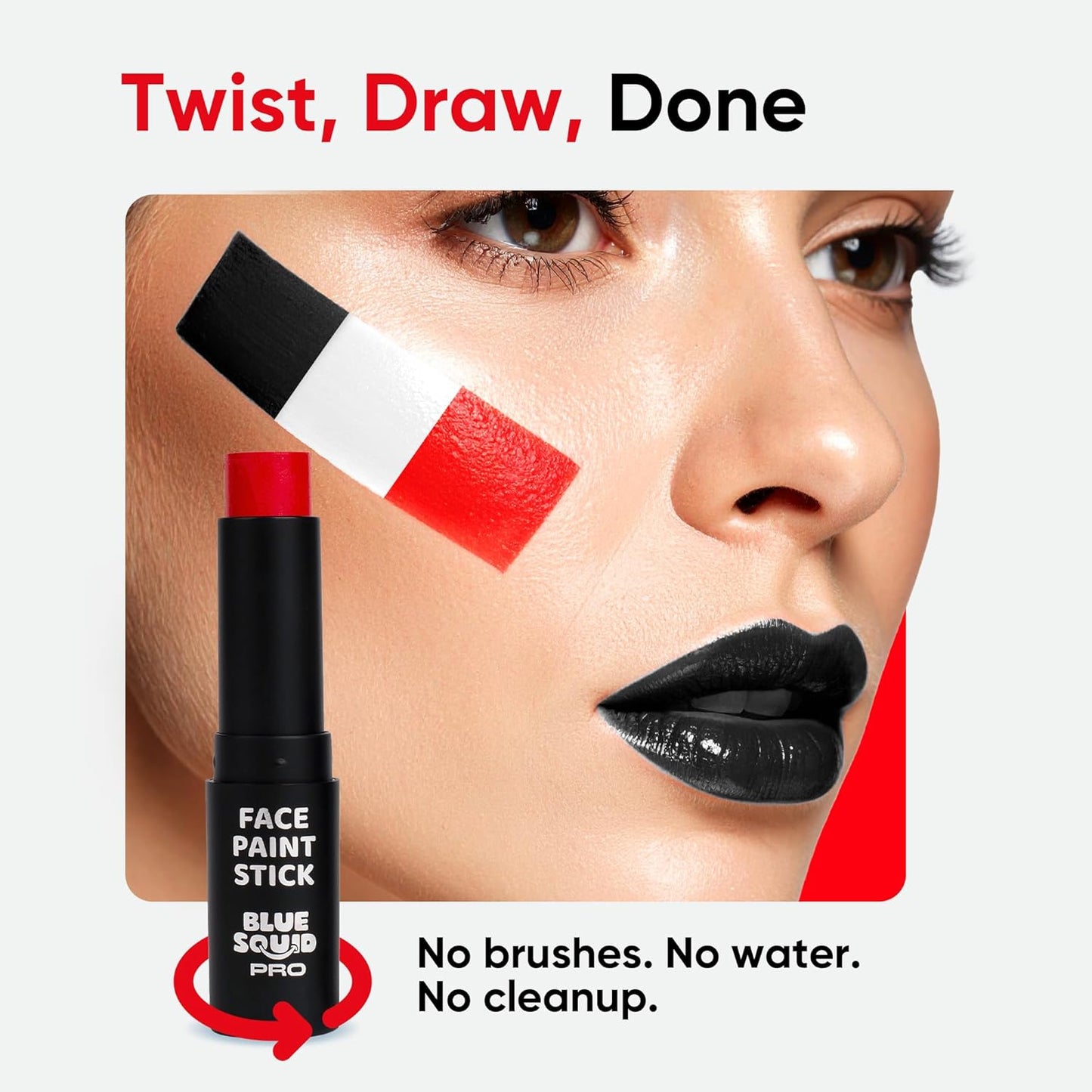 Blue Squid PRO Red, White and Black Face Paint Stick - Waterproof Body Paint Adults & Kids Eye Black Baseball, Eyeblack Softball -Hypoallergenic Twist-Up Non-Toxic Makeup Stick - Cosplay, Sports & SFX