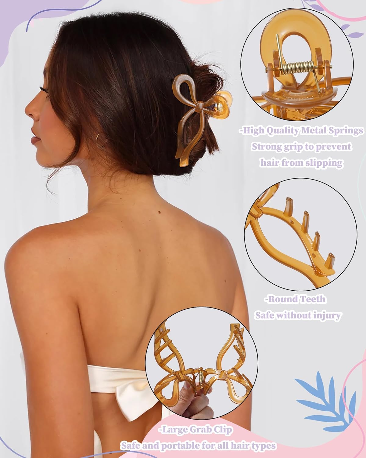 4 PCS Bow Hair Clips Bow Claw Clip for Women Nonslip Large Hair Claw Clips for Thin and Thick Hair Strong Hold Hair Bows (Yellow+Brown+Black Leopard Print+Brown Leopard Print)