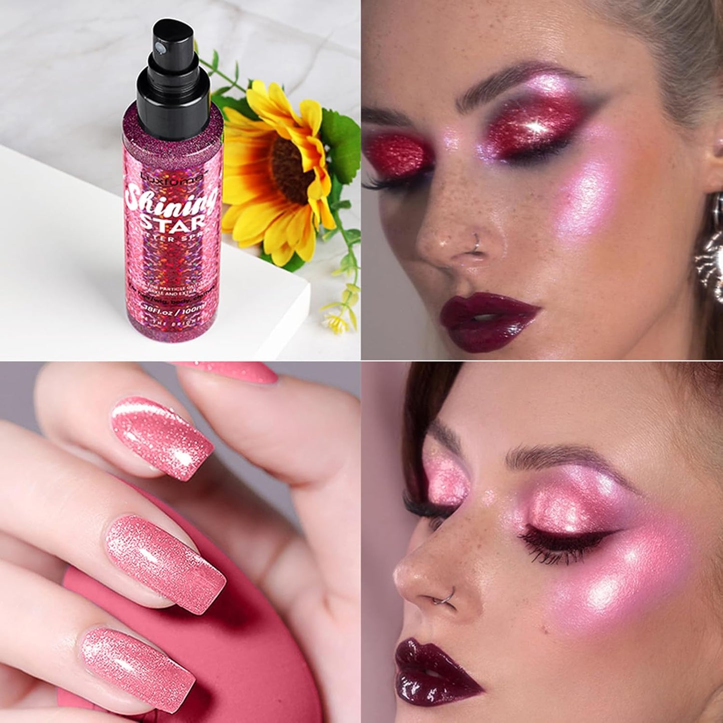 MEICOLY Pink Body Glitter Spray,100ML(3.53OZ),Liquid Glitter Hairspray,Sparkle Glitter Spray for Hair/Body/Clothes,Body Shimmer for Skin,Lightweight,Long Lasting