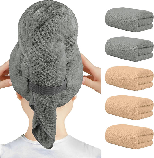 HOMEXCEL 5 Pack Microfiber Hair Towels - 40 x 20 inches Super Soft, Fast Drying Turbans for Long, Thick, Curly Hair - Anti Frizz Wrap with Elastic Strap, Brown/Grey