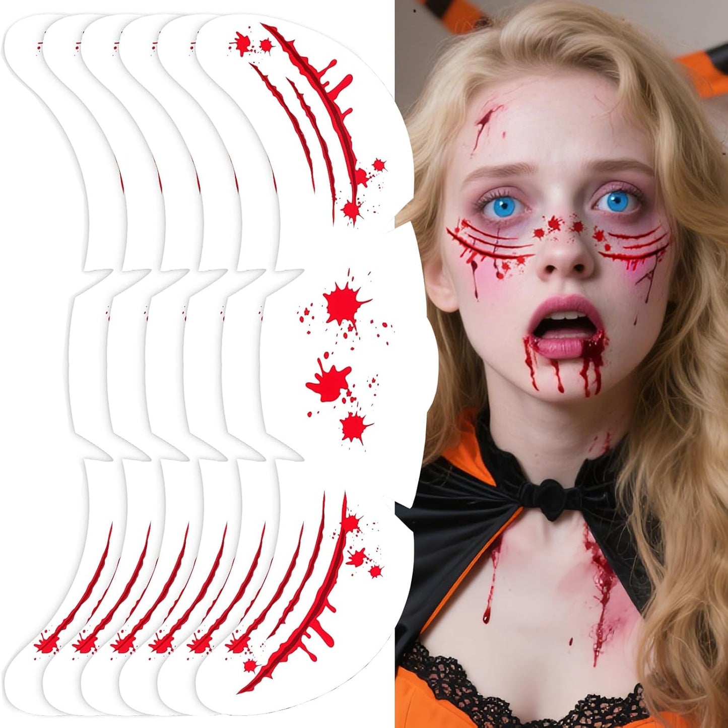 Halloween Scary Glitter Freckles, 6 Pcs Scars Stitches Face Tattoo Sparkle Red Wounds Freckles Makeup Patches for Face Rave Accessories