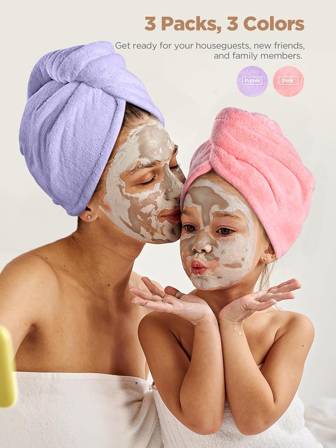 Hicober Microfiber Hair Towel, 2Packs Hair Turbans Wrap for Women Wet Hair, Hair Drying Towels for Curly Hair Anti Frizz(Purple,Pink)