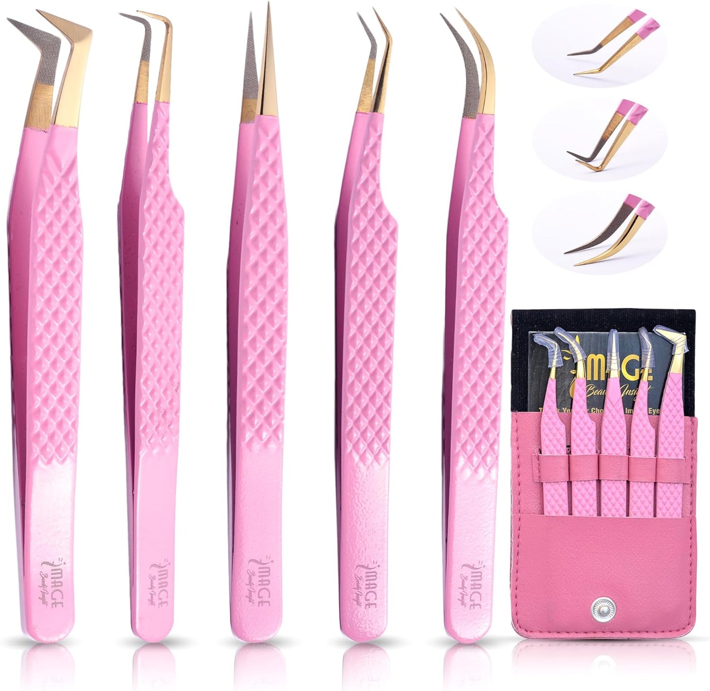 5 Pcs Fiber-Tip Japanese Steel Lash Tweezer Set with Leather Case, Professional Eyelash Tweezers for Lash Extensions – Titanium Coated, 90 & 45 Angled, Precision Pointed Tweezers (PINK)