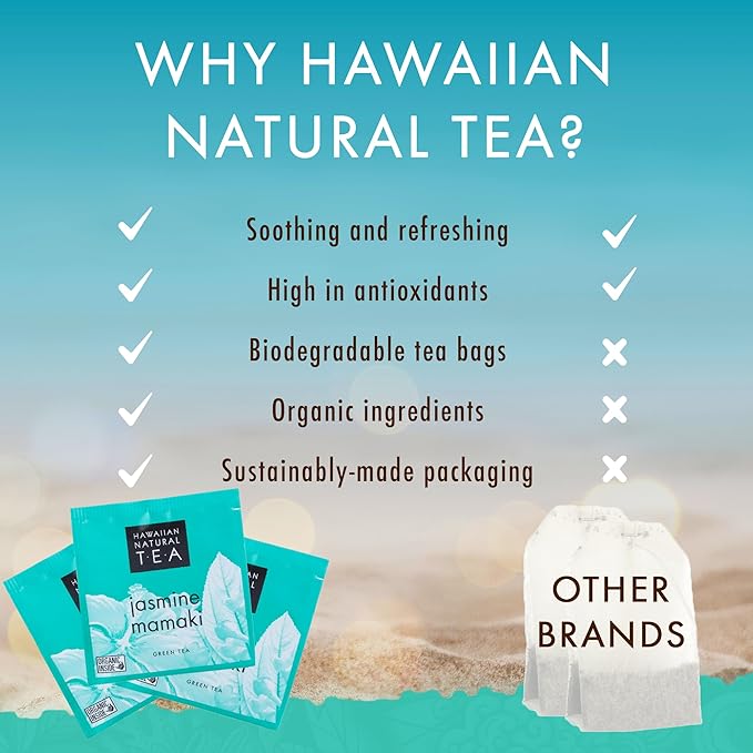 Hawaiian Natural Tea Organic Mamaki Jasmine Green Tea Blend - Antioxidant-Rich For Calming, Wellness, Bedtime, Anxiety & Stress - Gift for Special Ocassions, 20 Bags