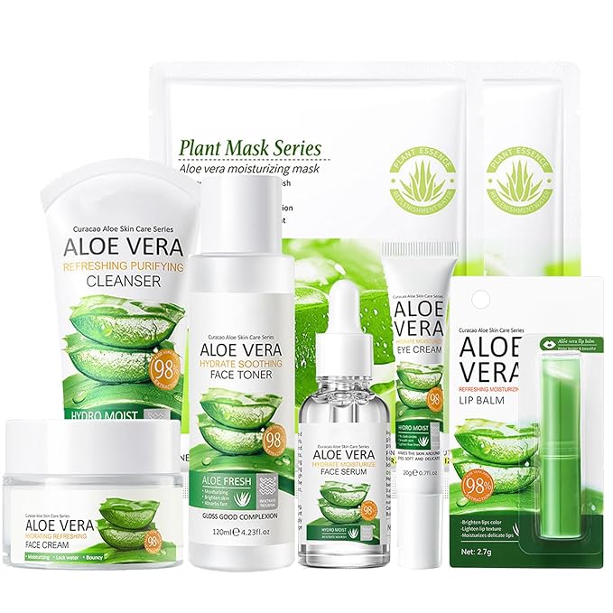 8Pcs Aloe Vera Skin Care Set - Face Care Kit With Cleanser, Mask, Toner, Serum, Lip Balm, Eye Cream, Moisturizer for Women Girls