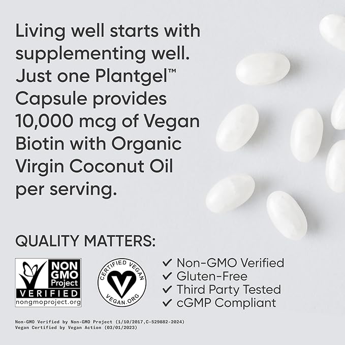 Sports Research® Biotin 10,000mcg with Organic Coconut Oil - Biotin (Vitamin B7) for Healthy Skin and Hair Support* - for Women and Men - Vegan, Non-GMO, Gluten & Soy-Free - 30 Veggie Softgels