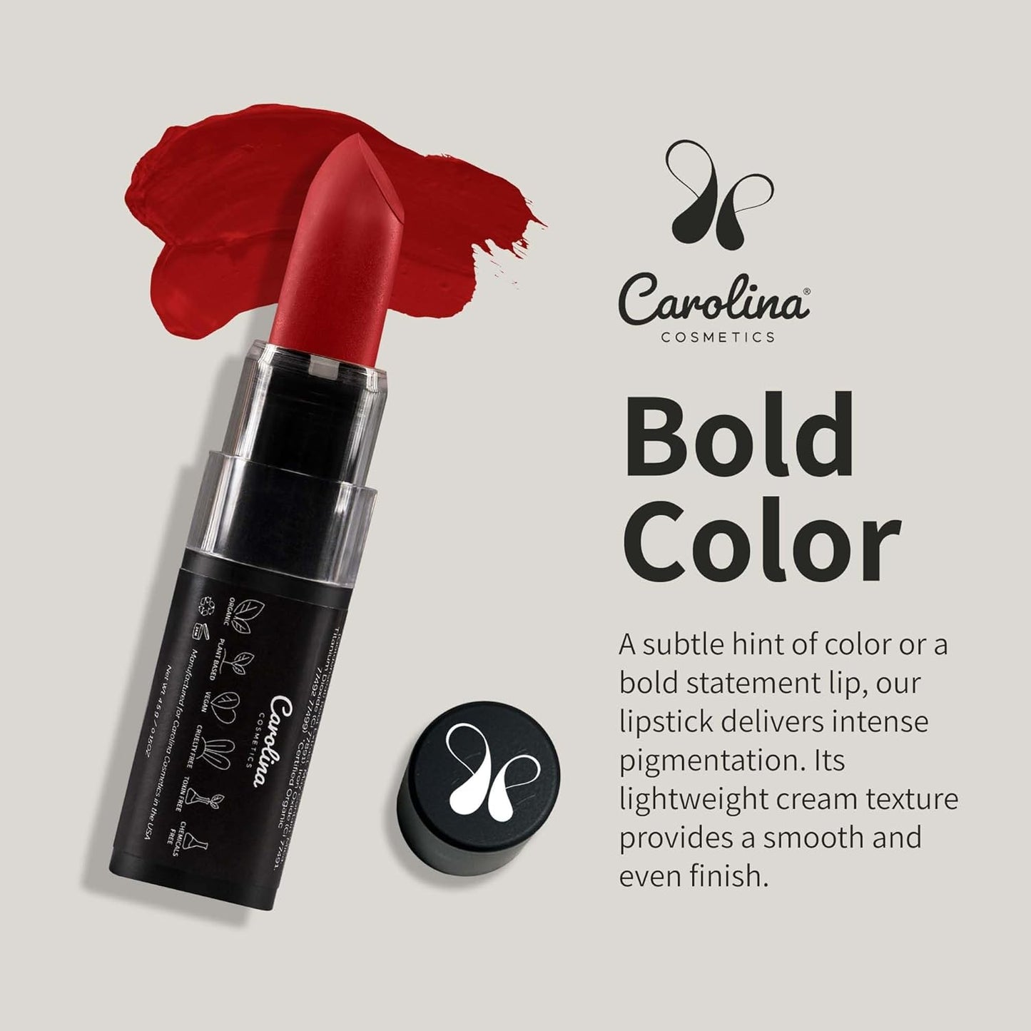 Carolina COSMETICS - Plant-Based Moisturizing Lipstick - The Power of Red Shade 0.15oz- Hydrating with Cocoa Oil, Gluten-Free, Vegan, Non-GMO, Paraben-Free - Lightweight Cream Texture