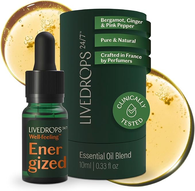 Livedrops 24/7 Energized Essential Oil Blend, Bergamot, Ginger, Pink Pepper Natural Aromatherapy for Energy & Focus Skin-Safe & Diffuser-Ready Clinically Tested Crafted in France