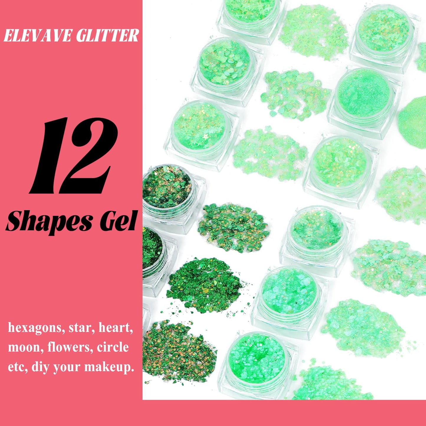 Body Glitter Face Glitter, Hair Glitter for Kids, 12 Shapes Fine Chunky Glitter Gel for Women Girls Makeup Sparkles Party Mermaid Sequins Rave Accessories Singer Concerts Festival (Green Scheme)