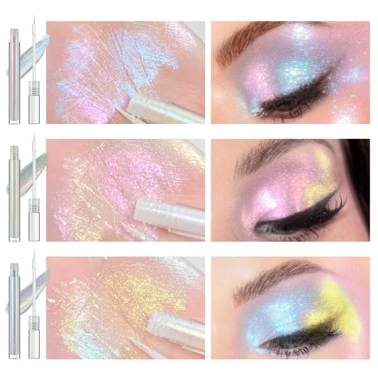 Multichrome Liquid Eyeshadow Set,3PCS Multi-Dimensional Fairy Makeup,High Pigment Waterproof Aurora Eye Shadow,Ultre Fine Tip Glitter Eyeliner (01 Aurora+02 Twilight+03 Moonbow)