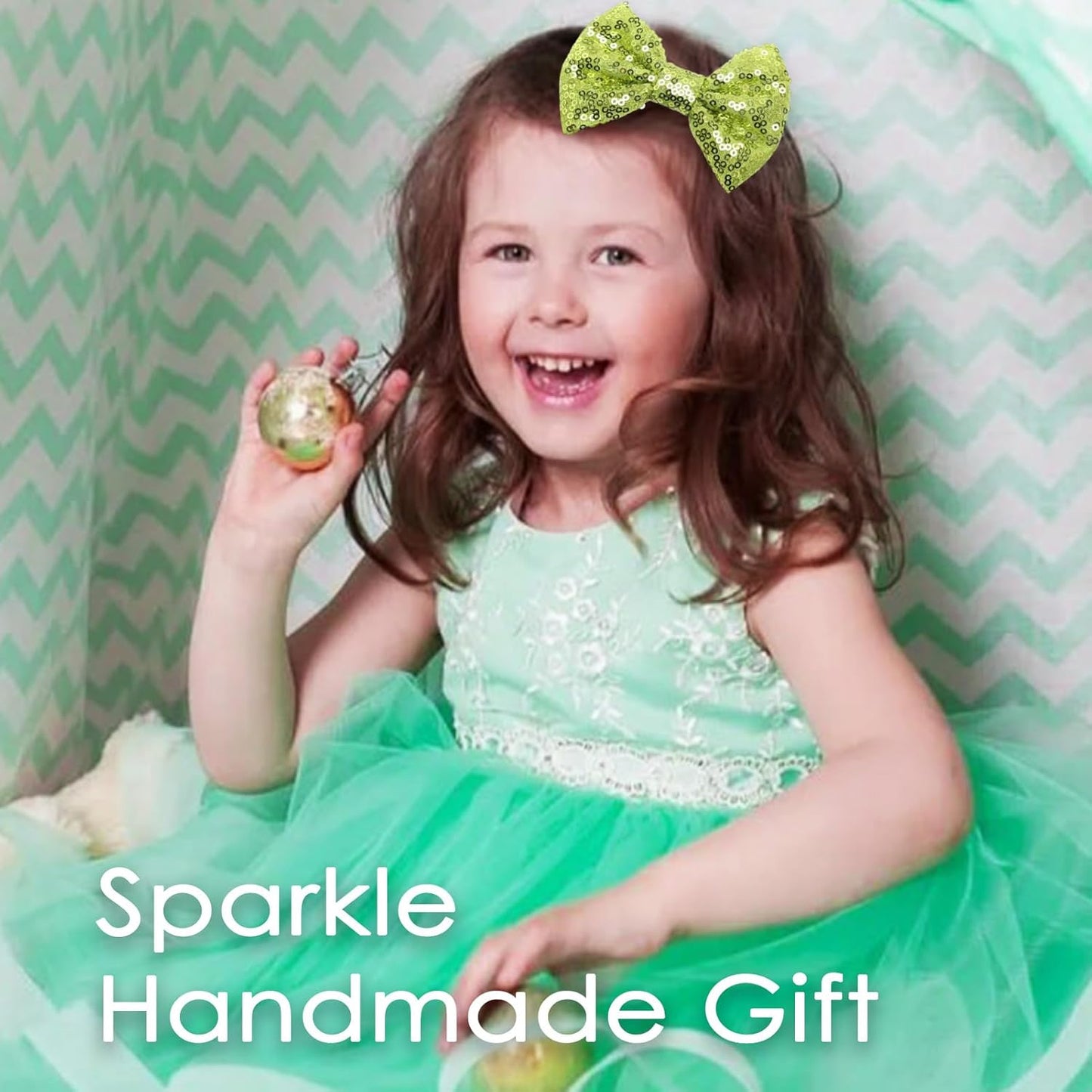 KISZU 4 Inch Sequin Glitter Hair Bows Clips, Sparkling Bling Little Bow HairPins Hair Accessories for Baby Girls Kids Children Teens and Women (Apple Green)