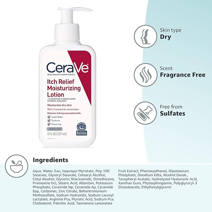 CeraVe Anti Itch Moisturizing Lotion with Pramoxine Hydrochloride, Relieves Itch with Minor Skin Irritations, Sunburn Relief, Bug Bites, 8 Ounce
