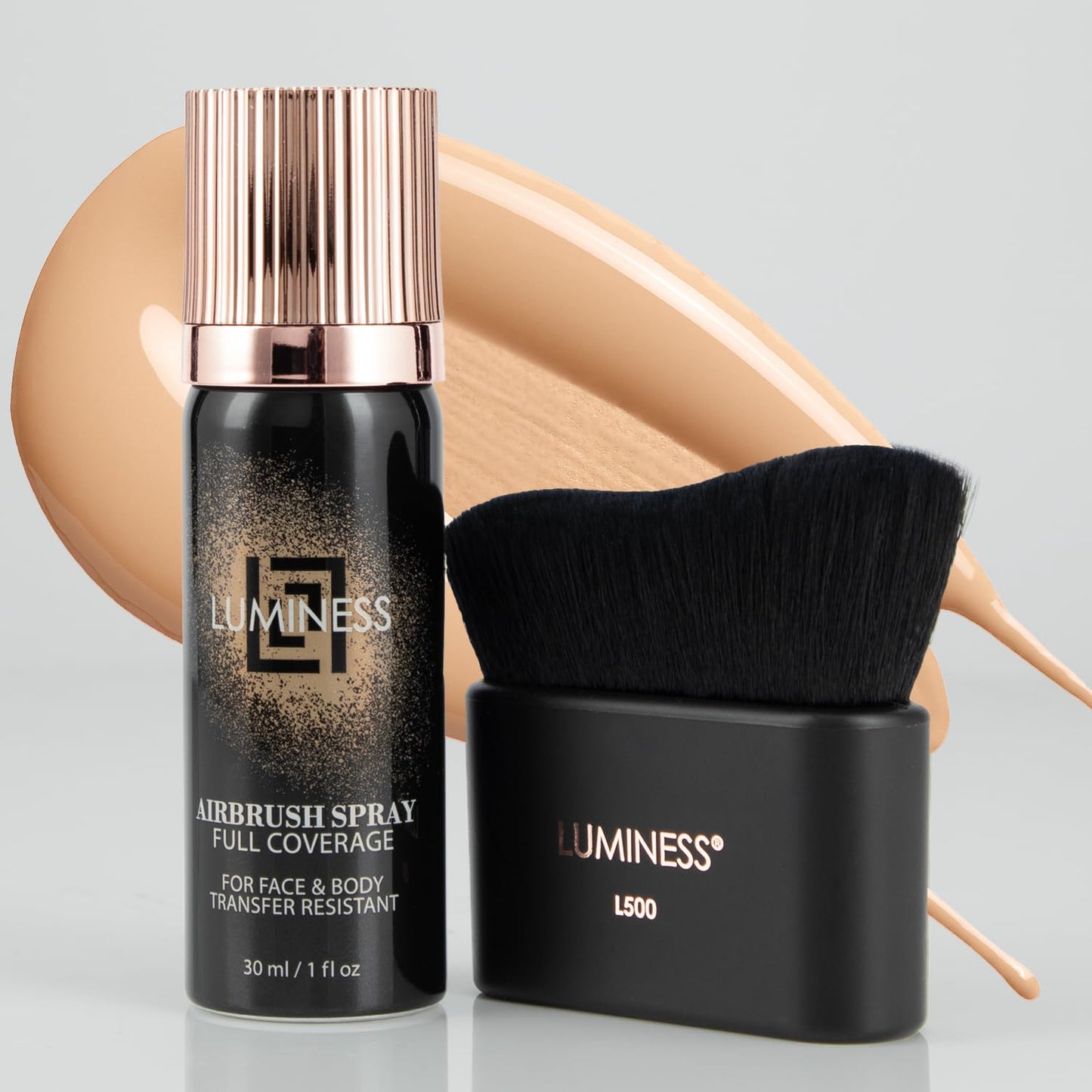 LUMINESS Airbrush Body Coverage with Self Tanner Brush - Tattoo Cover Up Makeup - Full Coverage Foundation for Face & Body - Water-Resistant, Long-Wear, Natural Radiant Finish, Light Medium