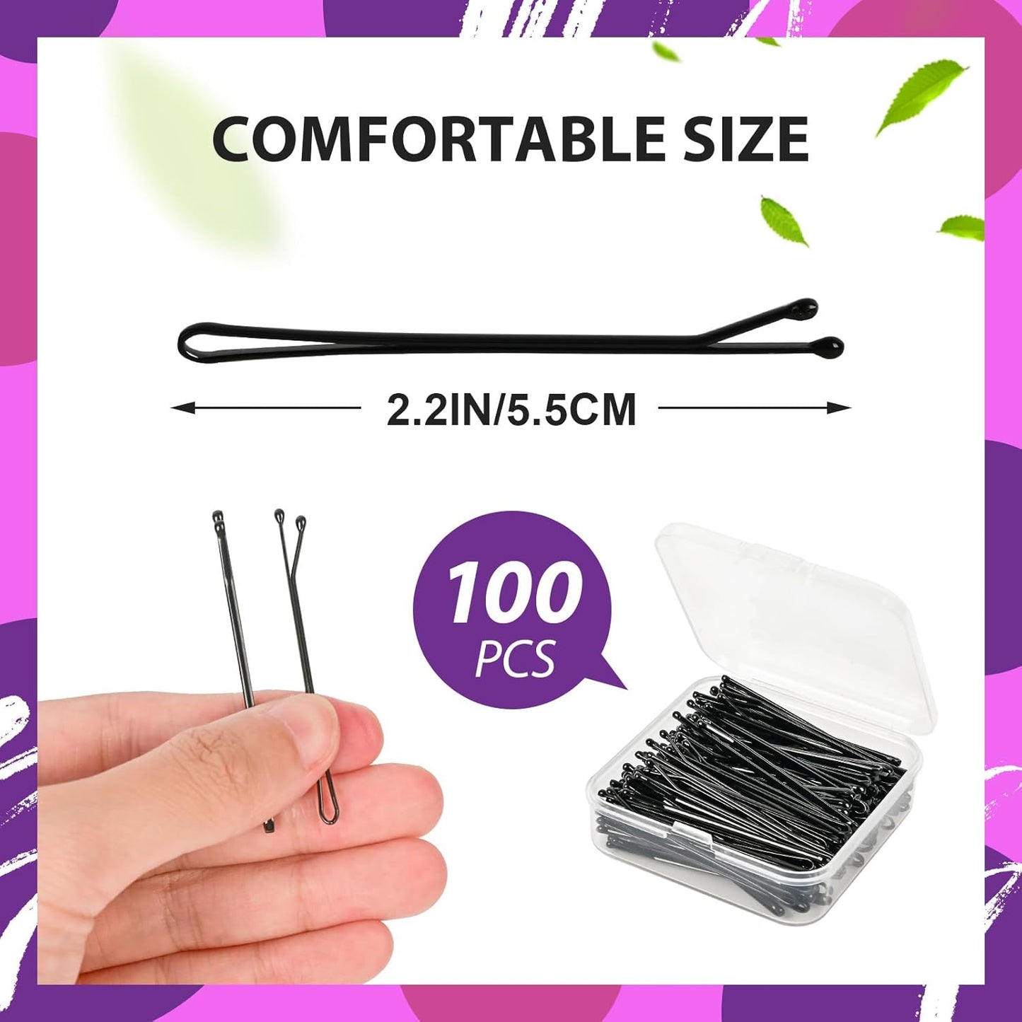 2.2 Inch Black Hair Bobby Pins Metal Clips Flat Straight Ball Tips Non-slip Decorative Long Short Women Girls Nickel Free Hairdressing Wedding Accessories with Case 100 PCS