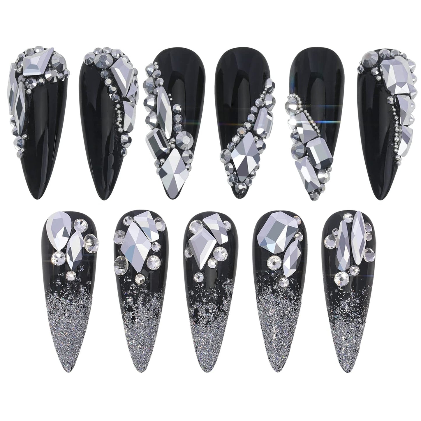 HNUIX Nail Rhinestones - 3D Multi Shape Size, Silver Nail Gems and Charms, Flat Back Crystal, with Kit, for Nail Art, DIY Decorations