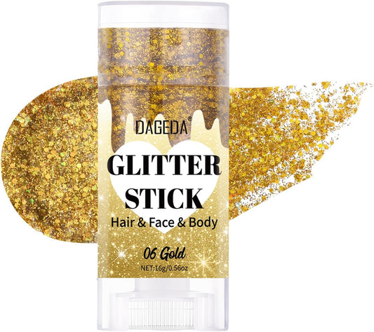 DAGEDA Gold Body Glitter Stick,Sparkly Face Glitter Makeup,Holographic Hair Glitters Mermaid Makeup Rave Outfits for Women, Shimmer Face Paint Stick Singer Concert Accessories