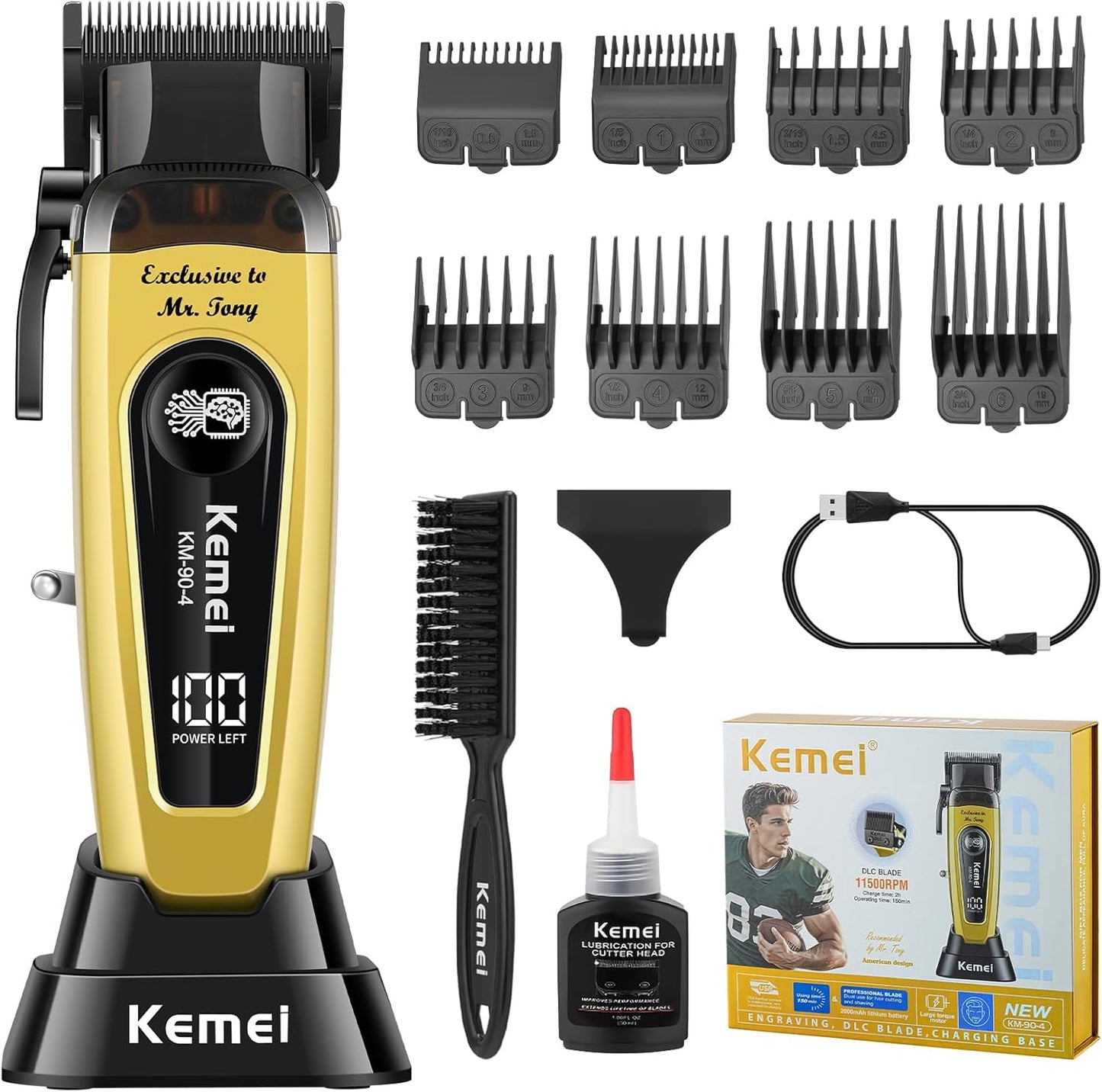 KEMEI 90-4 Professional Hair Clippers for Men, 11500 RPM Barber Clippers with LED Display, Cordless Hair Trimmer with DLC Blade & Charging Base, 2000 mAh Hair Clipper for Barbers Haircut Kit