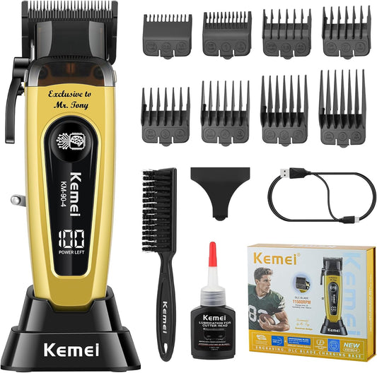 KEMEI 90-4 Professional Hair Clippers for Men, 11500 RPM Barber Clippers with LED Display, Cordless Hair Trimmer with DLC Blade & Charging Base, 2000 mAh Hair Clipper for Barbers Haircut Kit