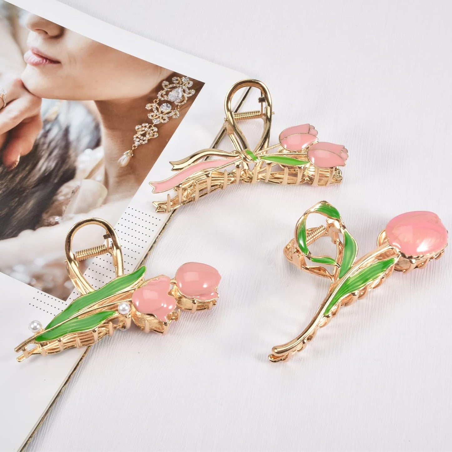 3-Piece Floral Metal Hair Clips, 3-Style Tulip Claw Clamps for Thin/Medium Thick Hair, Elegant Barrettes with Strong Hold and Non-Slip Cute Accessories