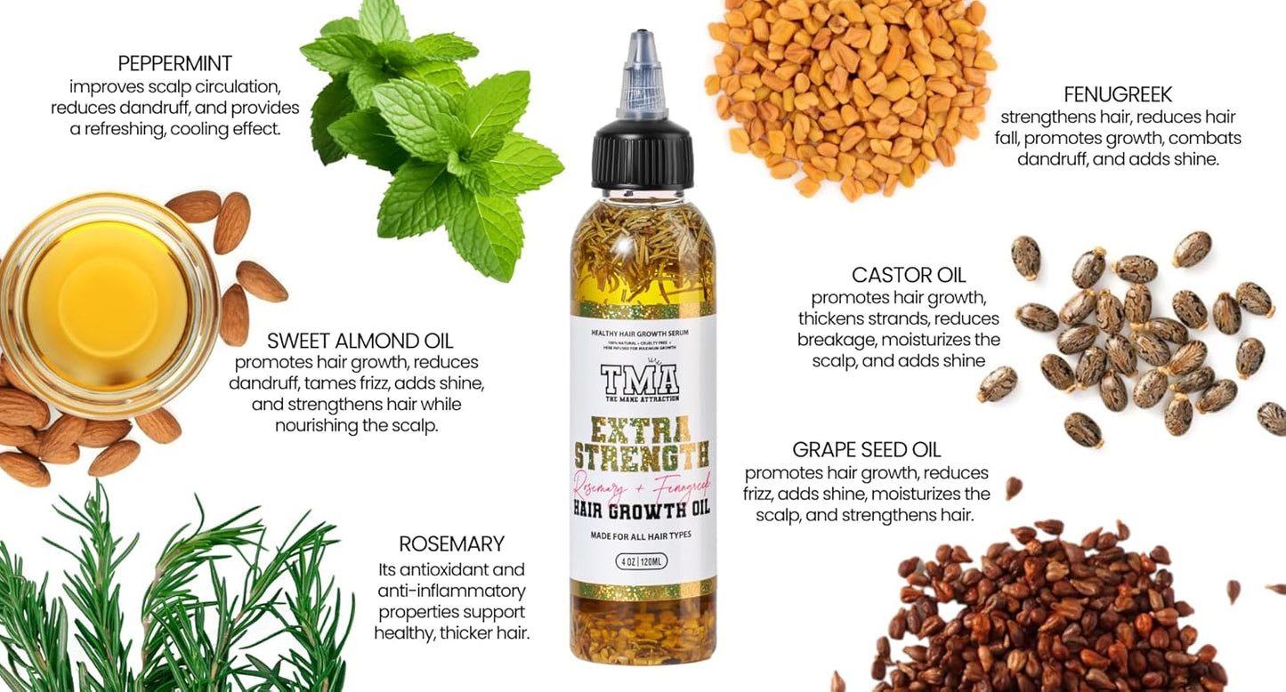 The Mane Attraction Extra Strength Rosemary + Fenugreek Herbal Hair Growth Oil | Infused With Castor Oil for ALL Hair Types